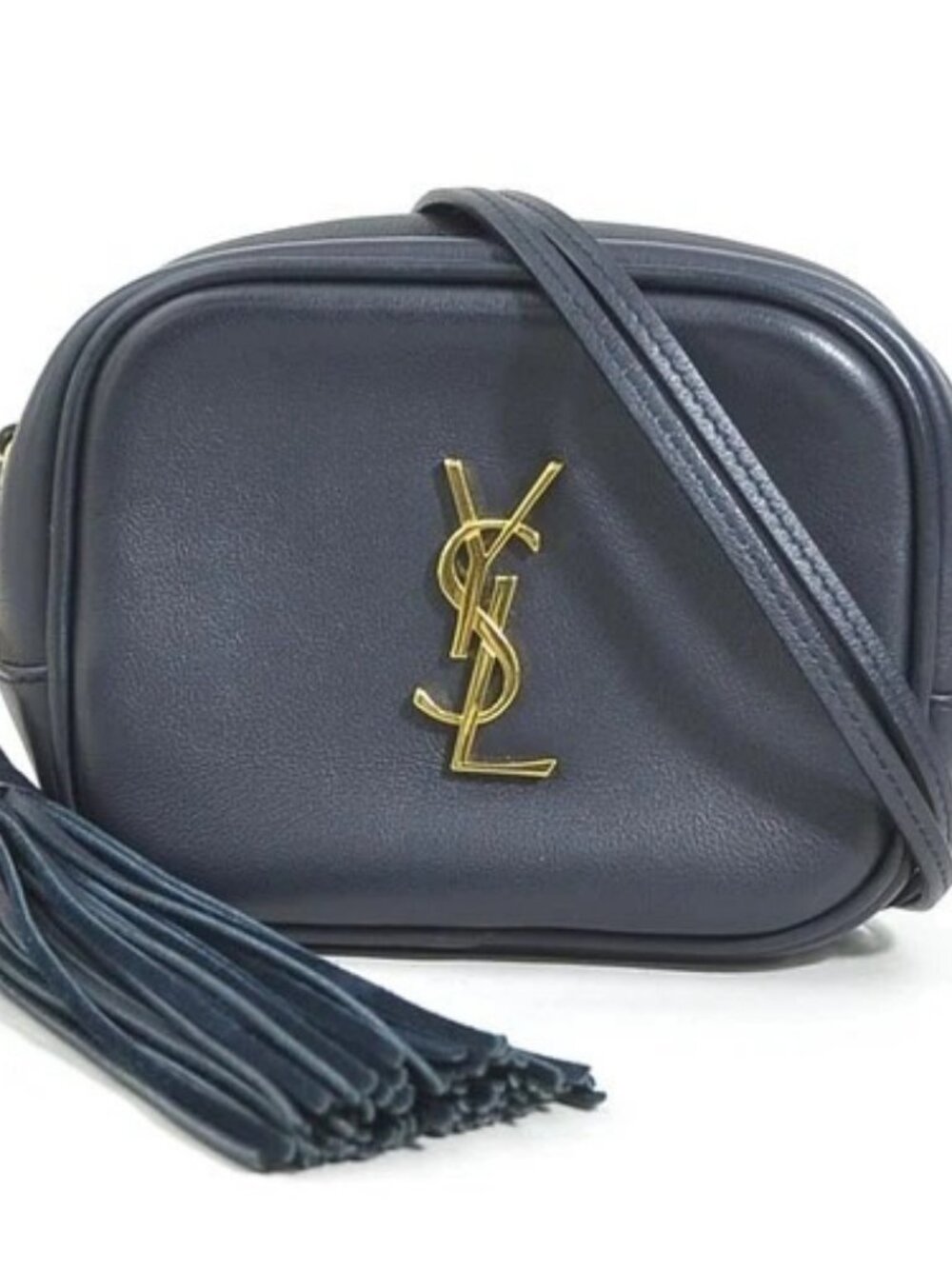 Auth SAINT LAURENT Crossbody Shoulder Bag Navy Leather/Goldtone - 90131g